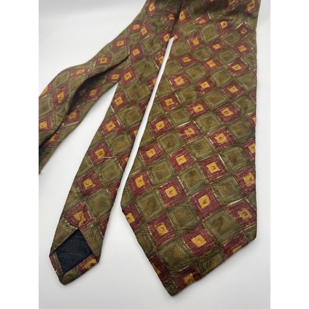 Ferrell Reed Mens Silk Tie Olive Green Burgundy Geometric Diamond Made in USA